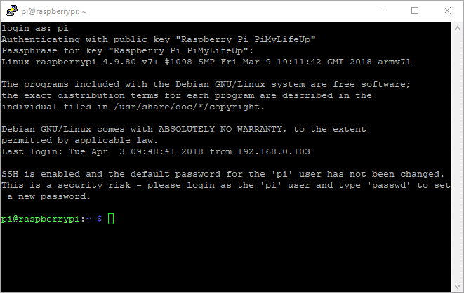 Ключи SSH Raspberry Pi вошли в систему с помощью PuTTY