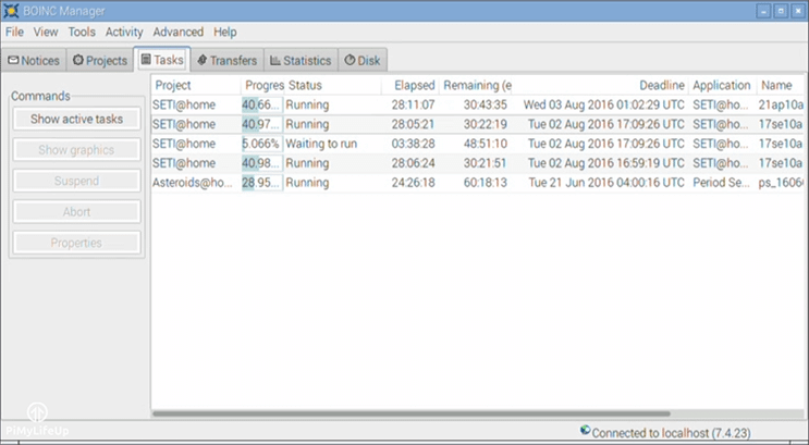 Экран задач BOINC