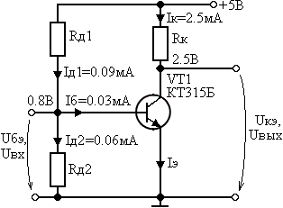 Схема усилителя с найденными токами ветвей и напряжениями узлов