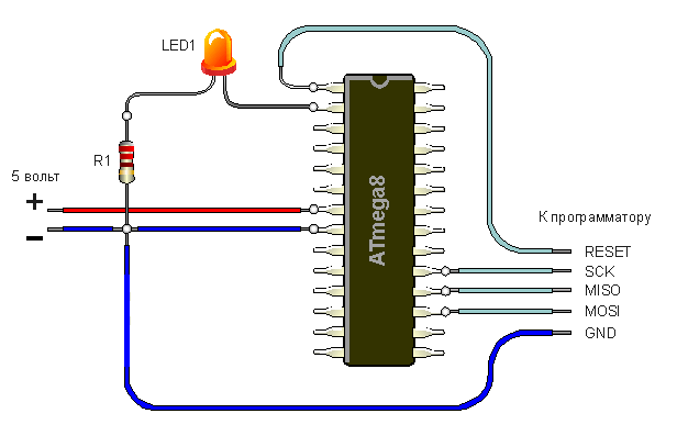 Схема соединения элементов первого проекта на микроконтроллере
