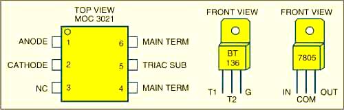 Распиновка MOC3021, BT136 и 7805