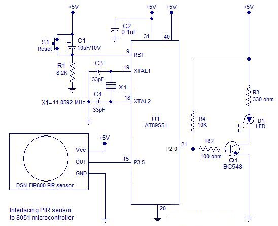 интерфейс PIR-датчика и 8051