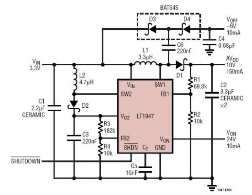 Генератор смещения TFT-LCD: выход 10В, 24В, -6В