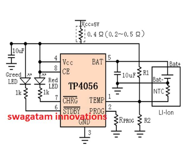 Литий-ионная схема зарядного устройства с использованием IC TP4056 - Постоянный ток, постоянное напряжение